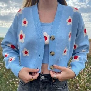 Blue Cardigan With Flowers